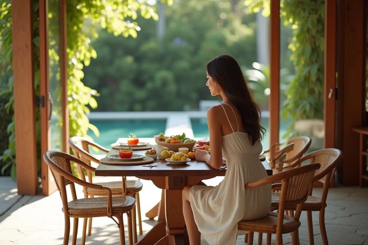 Jeune femme au petit déjeuner dans la villa