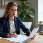Femme professionnelle examine documents de simulation de prêt immobilier