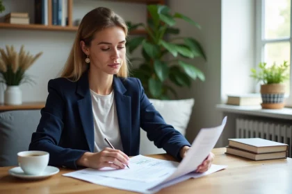 Femme professionnelle examine documents de simulation de prêt immobilier