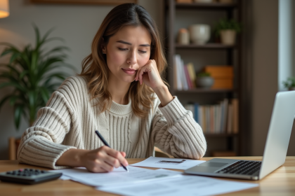 Femme concentrée examinant des documents de prêt immobilier