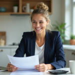 Femme d affaires en maison examine documents de pret immobilier