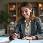 Femme confiante examinant des documents de prêt immobilier