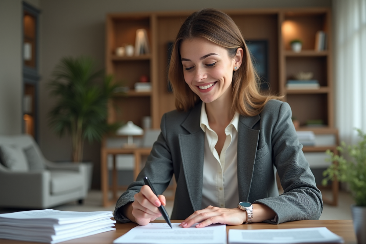 Femme confiante examinant des documents de prêt immobilier