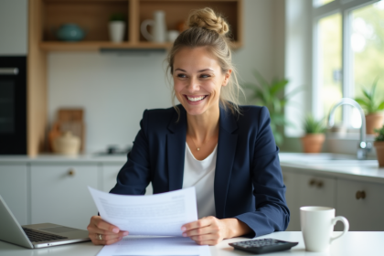 Femme d affaires en maison examine documents de pret immobilier