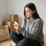 Jeune femme cherchant des annonces de logement sur son smartphone assis sur le sol d'un appartement vide