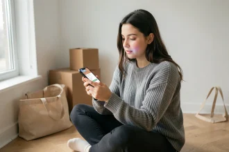 Jeune femme cherchant des annonces de logement sur son smartphone assis sur le sol d'un appartement vide
