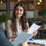 Jeune femme remet des papiers à un agent immobilier dans un bureau moderne