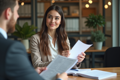 Jeune femme remet des papiers à un agent immobilier dans un bureau moderne