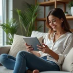 Femme souriante dans un salon moderne avec tablette