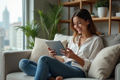 Femme souriante dans un salon moderne avec tablette
