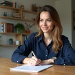 Femme signant une lettre dans un appartement lumineux