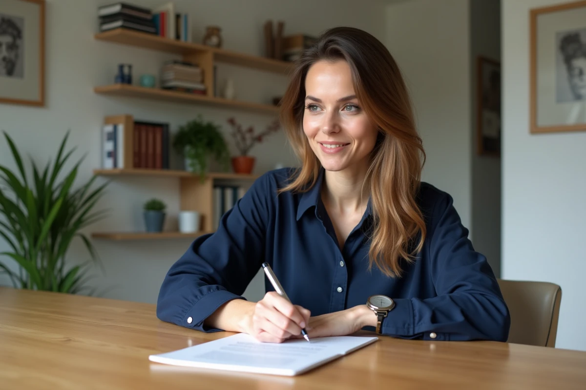 Femme signant une lettre dans un appartement lumineux