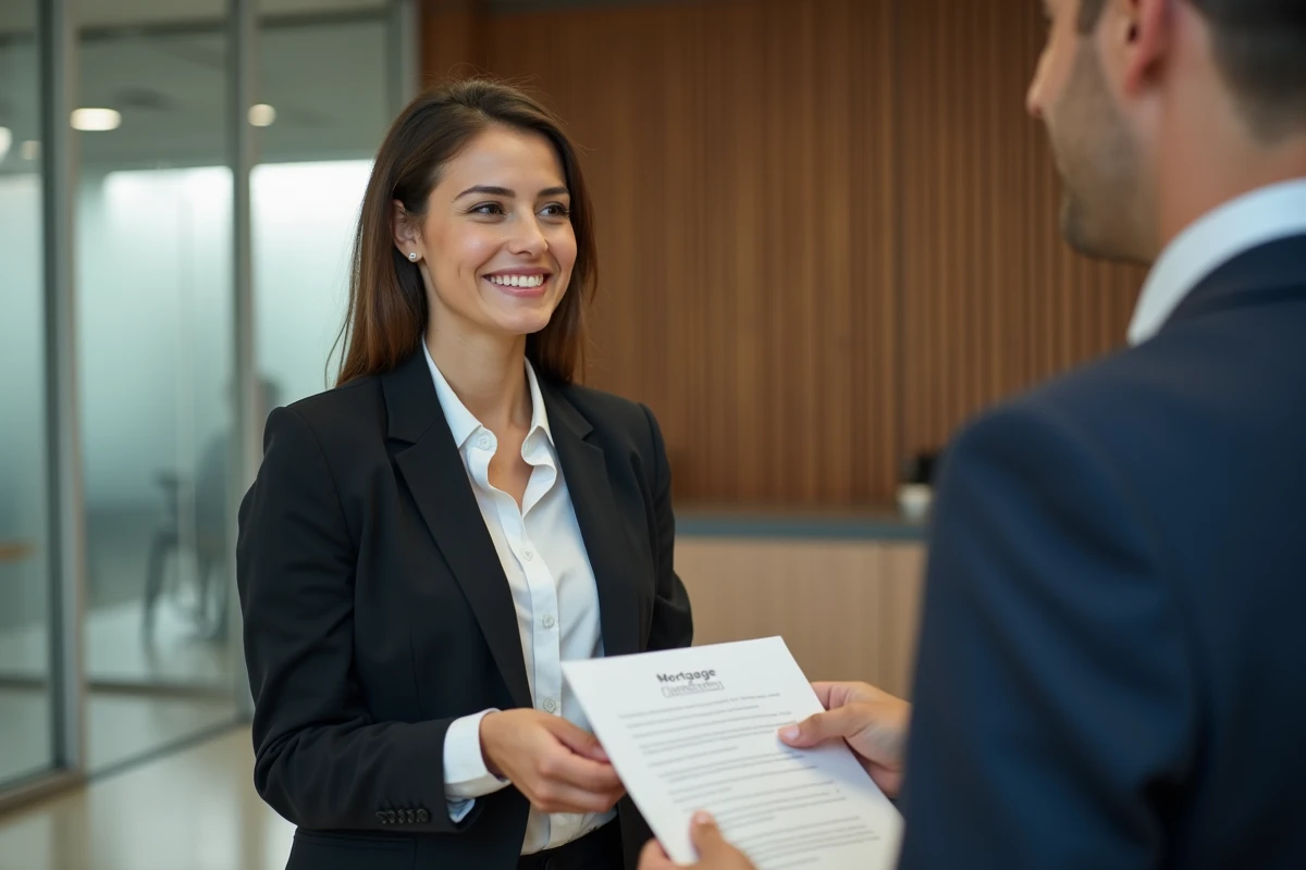 Jeune femme souriante remet papiers de prêt immobilier à la banque