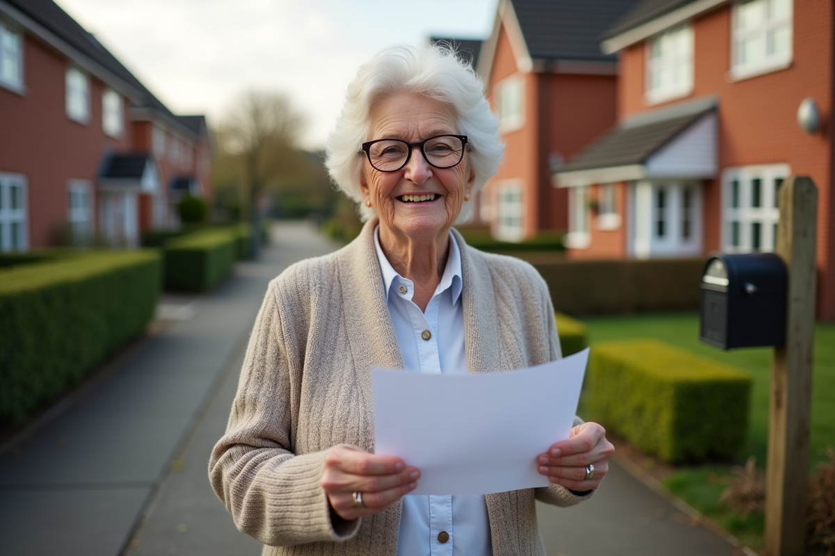 Femme senior souriante devant sa maison de banlieue