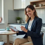 Jeune femme souriante avec tablette dans un appartement moderne