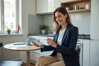 Jeune femme souriante avec tablette dans un appartement moderne