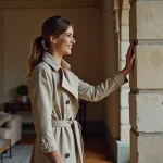 Femme élégante en trench beige dans un appartement lyonnais