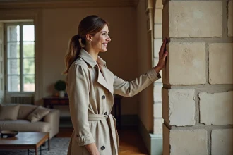 Femme élégante en trench beige dans un appartement lyonnais