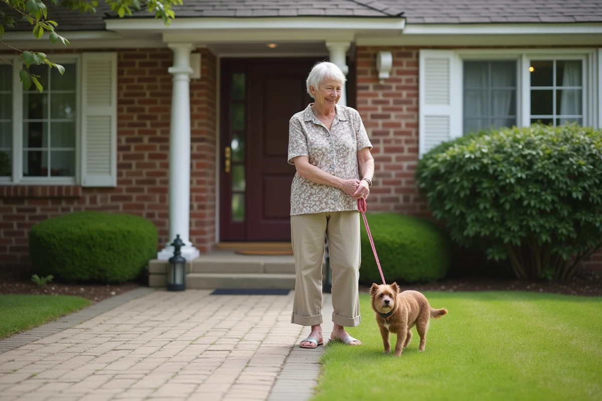 Femme âgée avec chien devant maison de location