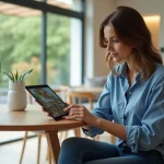 Jeune femme explore une visite virtuelle de maison sur tablette