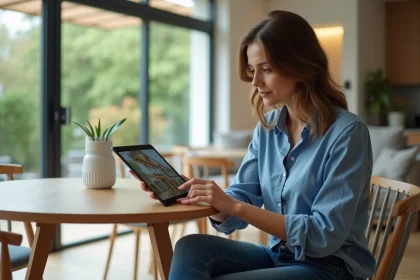 Jeune femme explore une visite virtuelle de maison sur tablette