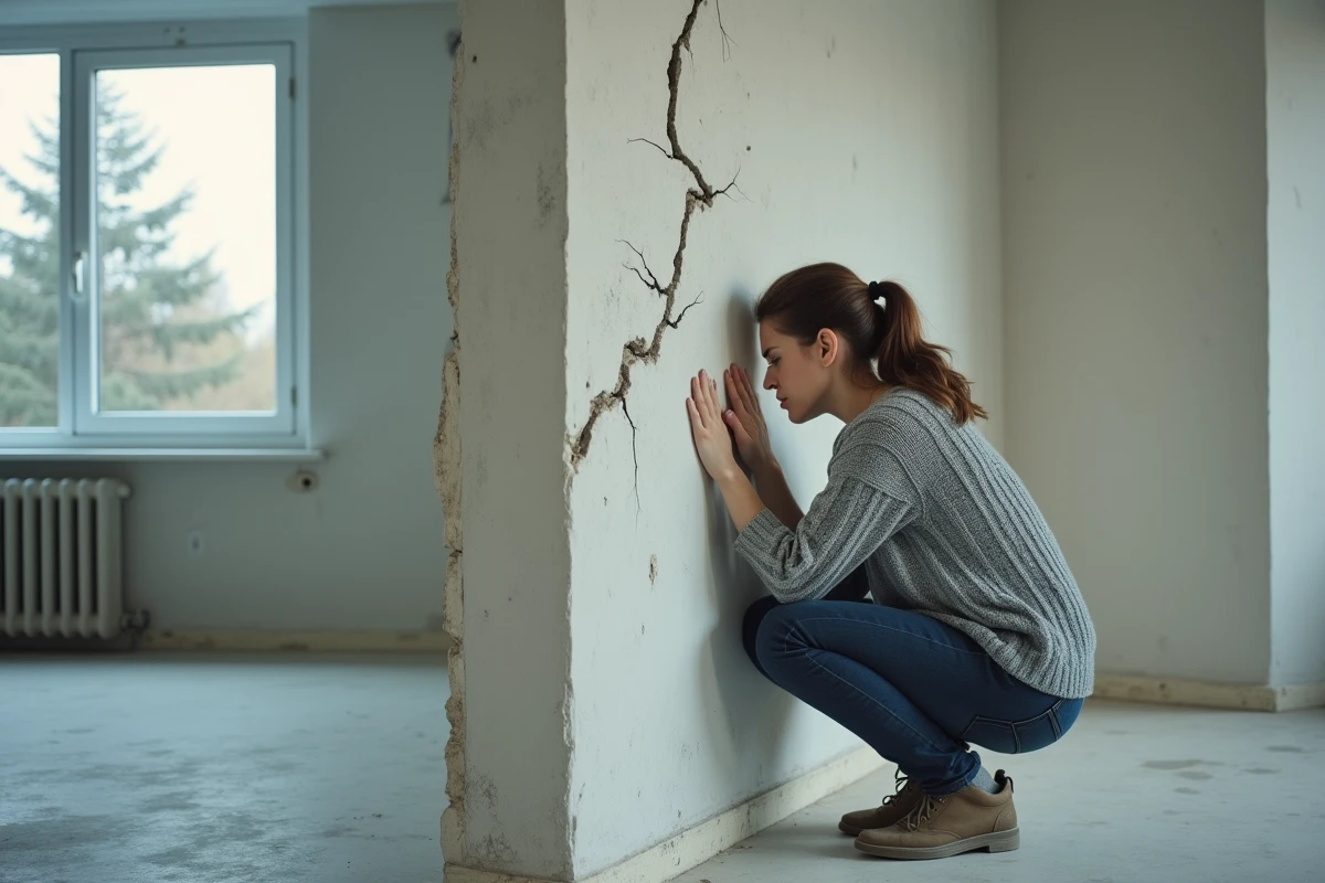 Femme inspectant une fissure structurelle dans une maison achetée sans garantie décennale