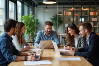 Bureau partagé moderne avec espace de travail collaboratif et équipements adaptés