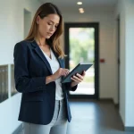 Gestionnaire de copropriété consultant un blog de sécurité sur tablette dans le couloir d'un immeuble résidentiel moderne