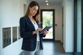 Gestionnaire de copropriété consultant un blog de sécurité sur tablette dans le couloir d'un immeuble résidentiel moderne