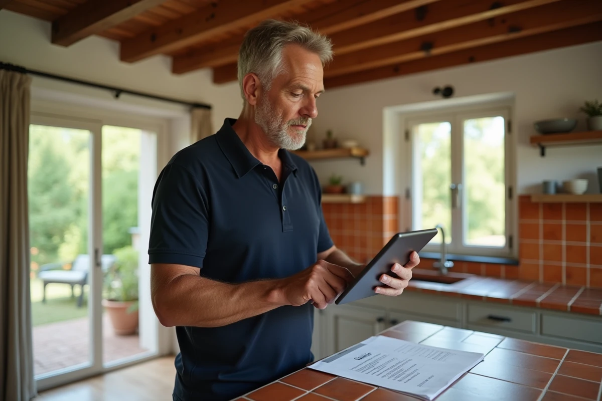 Propriétaire de gîte consultant son espace gestionnaire en ligne sur une tablette dans une cuisine renovée de style provençal