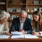 Trois adultes de générations différentes examinent des documents juridiques dans un cadre chaleureux