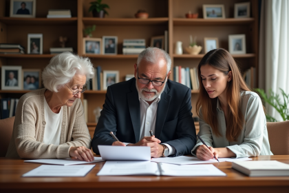 Trois adultes de générations différentes examinent des documents juridiques dans un cadre chaleureux