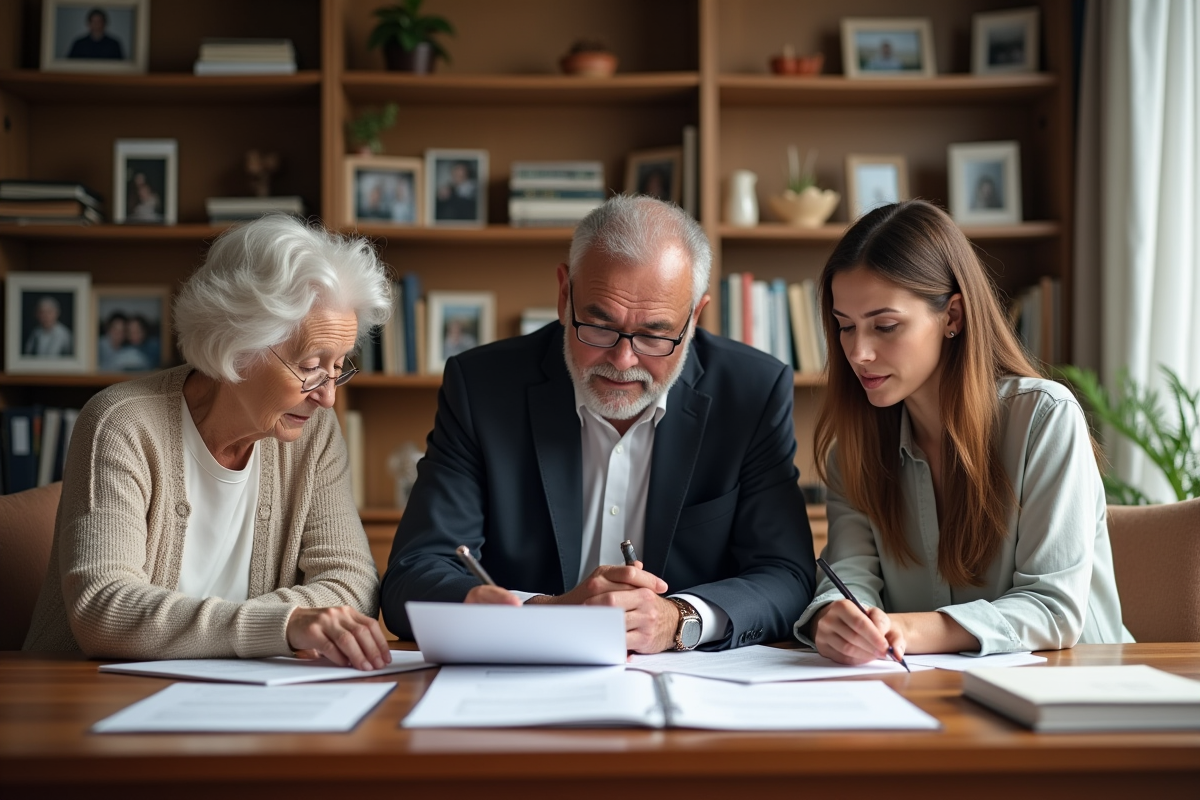 Trois adultes de générations différentes examinent des documents juridiques dans un cadre chaleureux