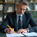 Homme d'affaires en costume noir examine un contrat de location