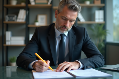 Homme d'affaires en costume noir examine un contrat de location