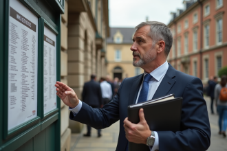 Homme d'affaires vérifiant une liste de propriétés devant un tribunal