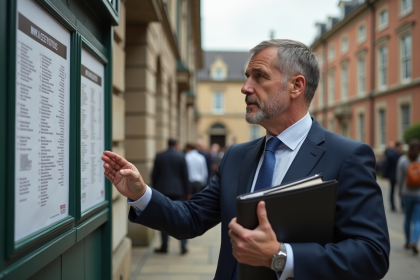 Homme d'affaires vérifiant une liste de propriétés devant un tribunal
