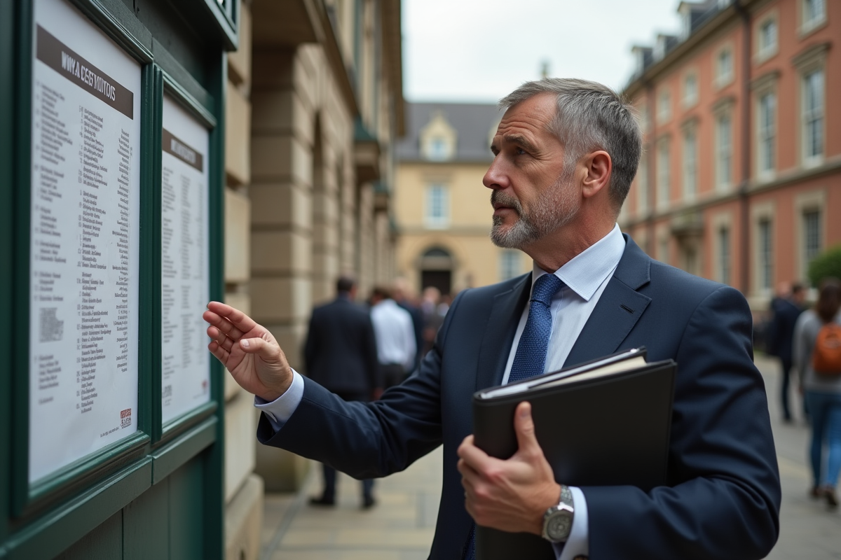 Homme d'affaires vérifiant une liste de propriétés devant un tribunal