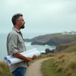 Homme d'âge moyen avec plan architectural face à la mer