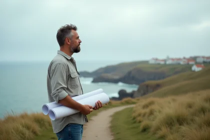 Homme d'âge moyen avec plan architectural face à la mer