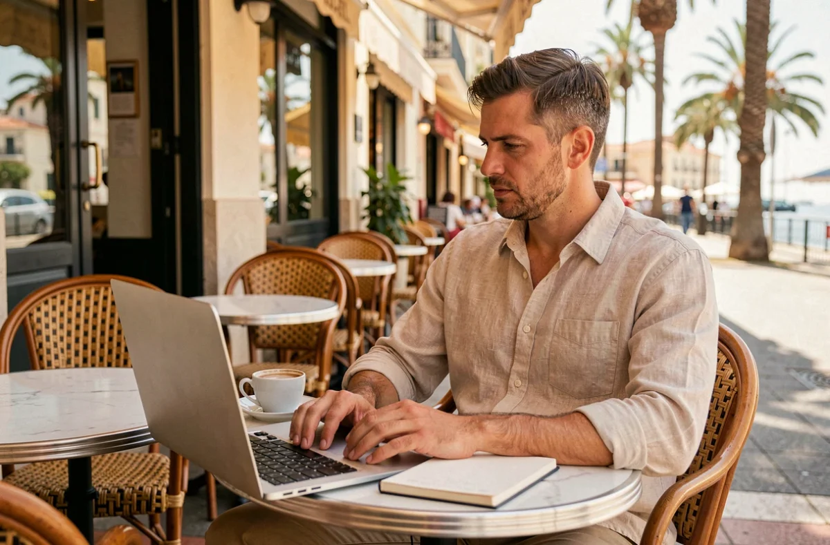 Homme en terrasse de café à Nice recherchant les meilleurs quartiers pour s'installer en tant que nouvel arrivant