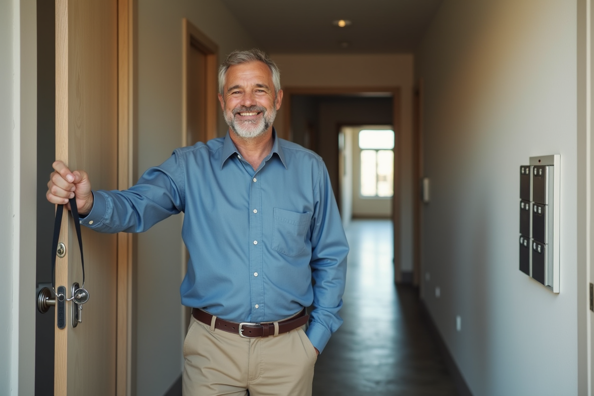 Homme souriant avec clés devant porte d