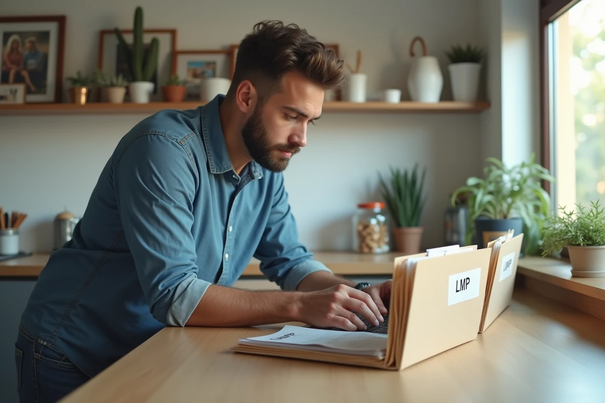 Homme en jeans comparant des dossiers dans la cuisine