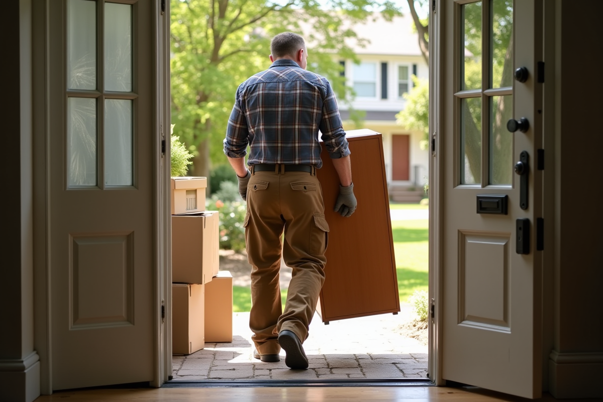 Homme guidant un meuble dans une maison ensoleillee
