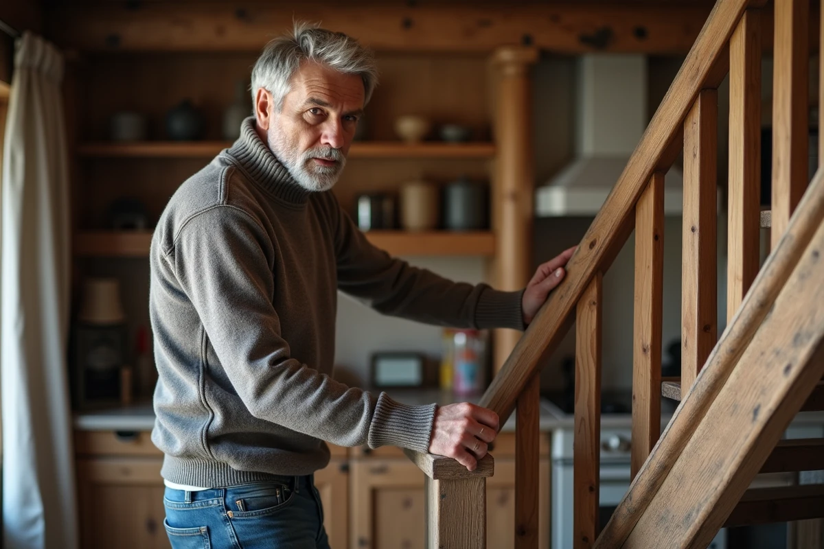 Homme examine un escalier en bois dans un appartement alpin traditionnel