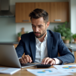 Homme en costume travaillant sur ses finances à la maison
