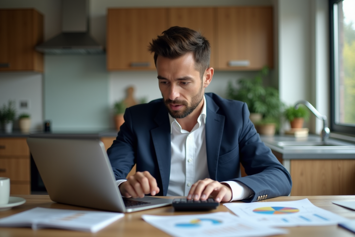 Homme en costume travaillant sur ses finances à la maison