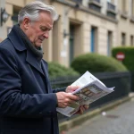 Homme d'âge moyen examinant une brochure immobilière à Beauvais