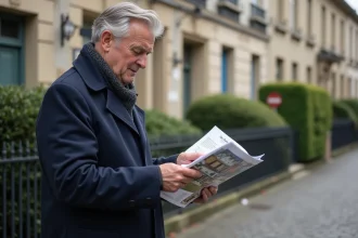 Homme d'âge moyen examinant une brochure immobilière à Beauvais