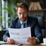 Homme d'affaires étudiant un rapport immobilier dans un bureau moderne